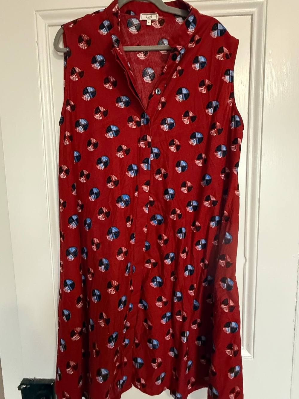 Zuri Red Sleeveless Button-Front Dress with Geo Dot Print
